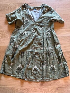 Olive Green Floral Tiered V-Neck Dress